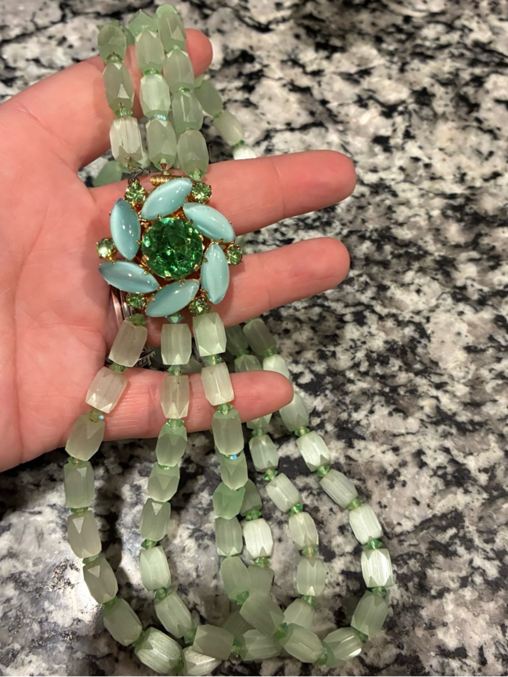 Vintage 1950s Green Glass Bead Double Strand Necklace with Jeweled Floral Clasp